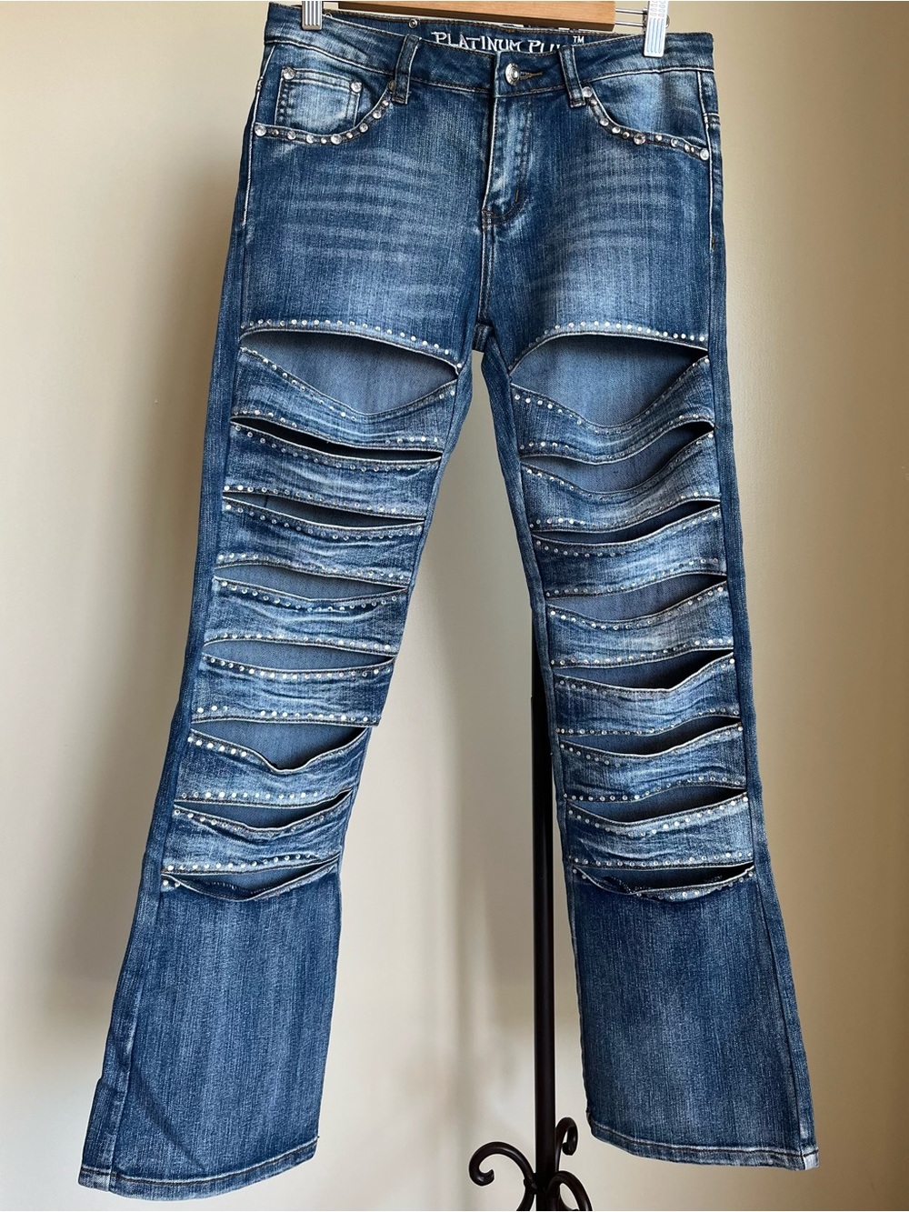 Platinum Plush Distressed Blue Studded Rhinestone Jeans